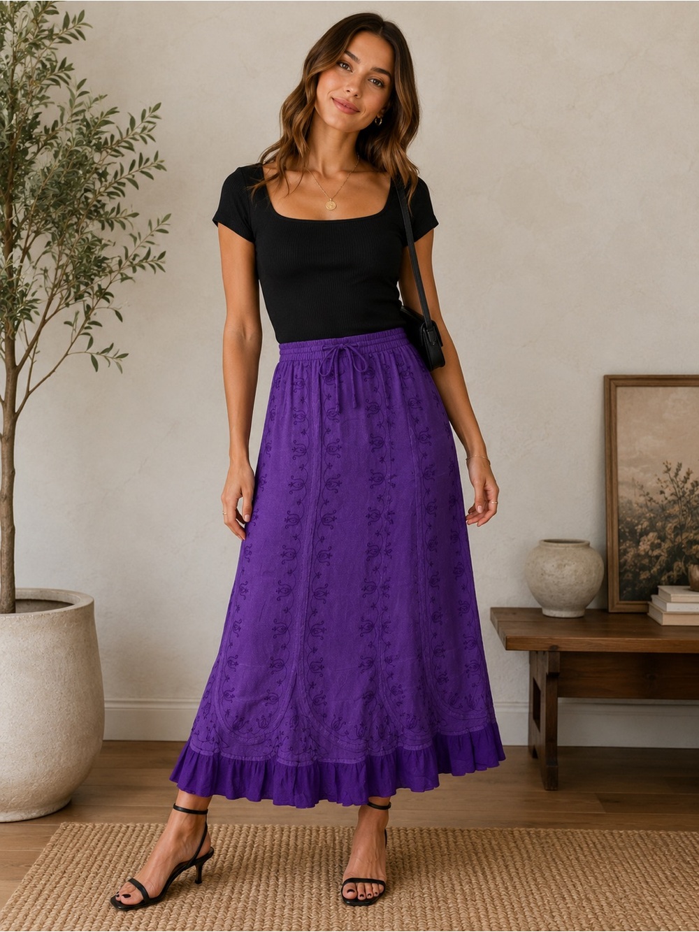 Holy Clothing Women's Purple Embroidered Maxi Skirt